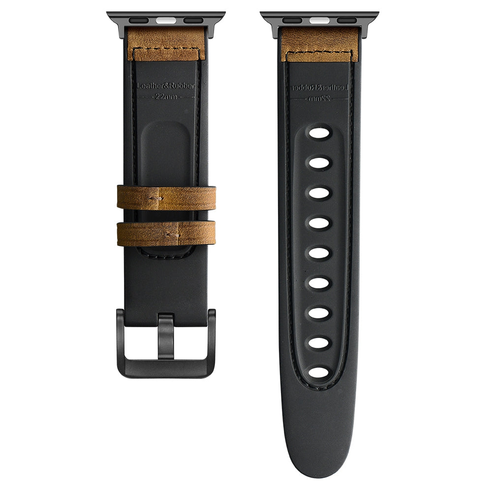 Durable Stylish Fingerprint Silicone + Genuine Leather Watch Band for Apple Watch Ultra 49mm / Series 8 45mm / 7 45mm / SE 44mm / SE (2022) 44mm / Series 6 / 5 / 4 44mm / Series 3 / 2 / 1 42mm - Dark Brown