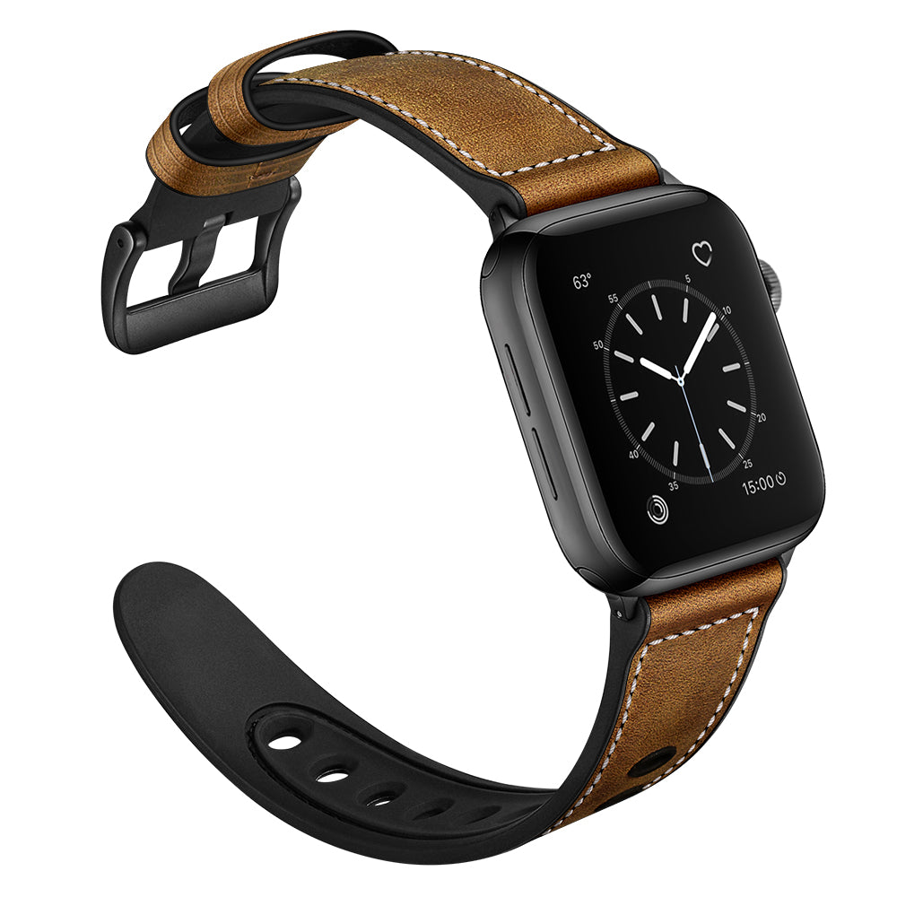 Durable Stylish Fingerprint Silicone + Genuine Leather Watch Band for Apple Watch Ultra 49mm / Series 8 45mm / 7 45mm / SE 44mm / SE (2022) 44mm / Series 6 / 5 / 4 44mm / Series 3 / 2 / 1 42mm - Dark Brown