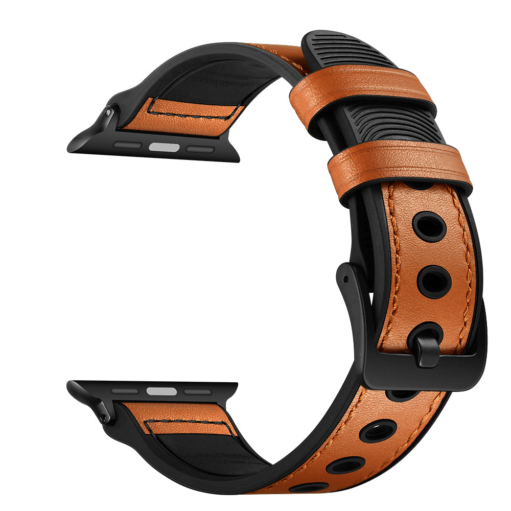 Durable Stylish Fingerprint Silicone + Genuine Leather Watch Band for Apple Watch Ultra 49mm / Series 8 45mm / 7 45mm / SE 44mm / SE (2022) 44mm / Series 6 / 5 / 4 44mm / Series 3 / 2 / 1 42mm - Brown