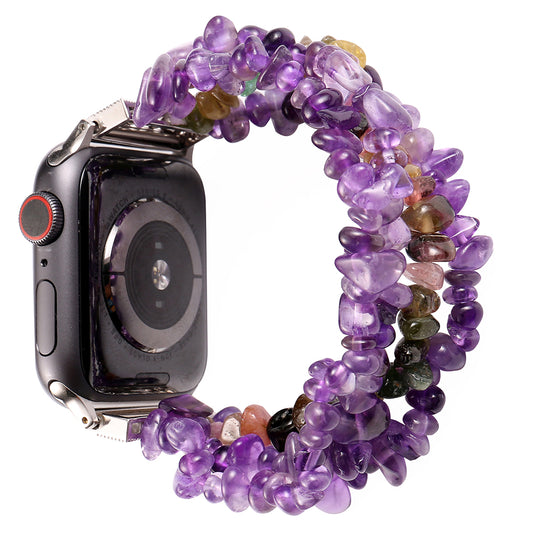 Four Rows Natural Stones Smart Watch Strap Band Replacement for Apple Watch Ultra 49mm / Series 8 45mm / 7 45mm / SE 44mm / SE (2022) 44mm / Series 6 / 5 / 4 44mm / Series 3 / 2 / 1 42mm - Purple
