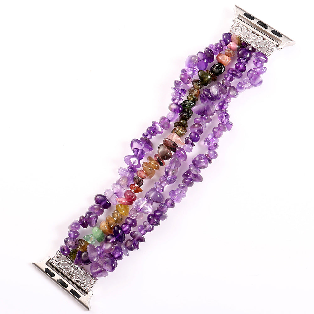 Four Rows Natural Stones Smart Watch Strap Band Replacement for Apple Watch Ultra 49mm / Series 8 45mm / 7 45mm / SE 44mm / SE (2022) 44mm / Series 6 / 5 / 4 44mm / Series 3 / 2 / 1 42mm - Purple