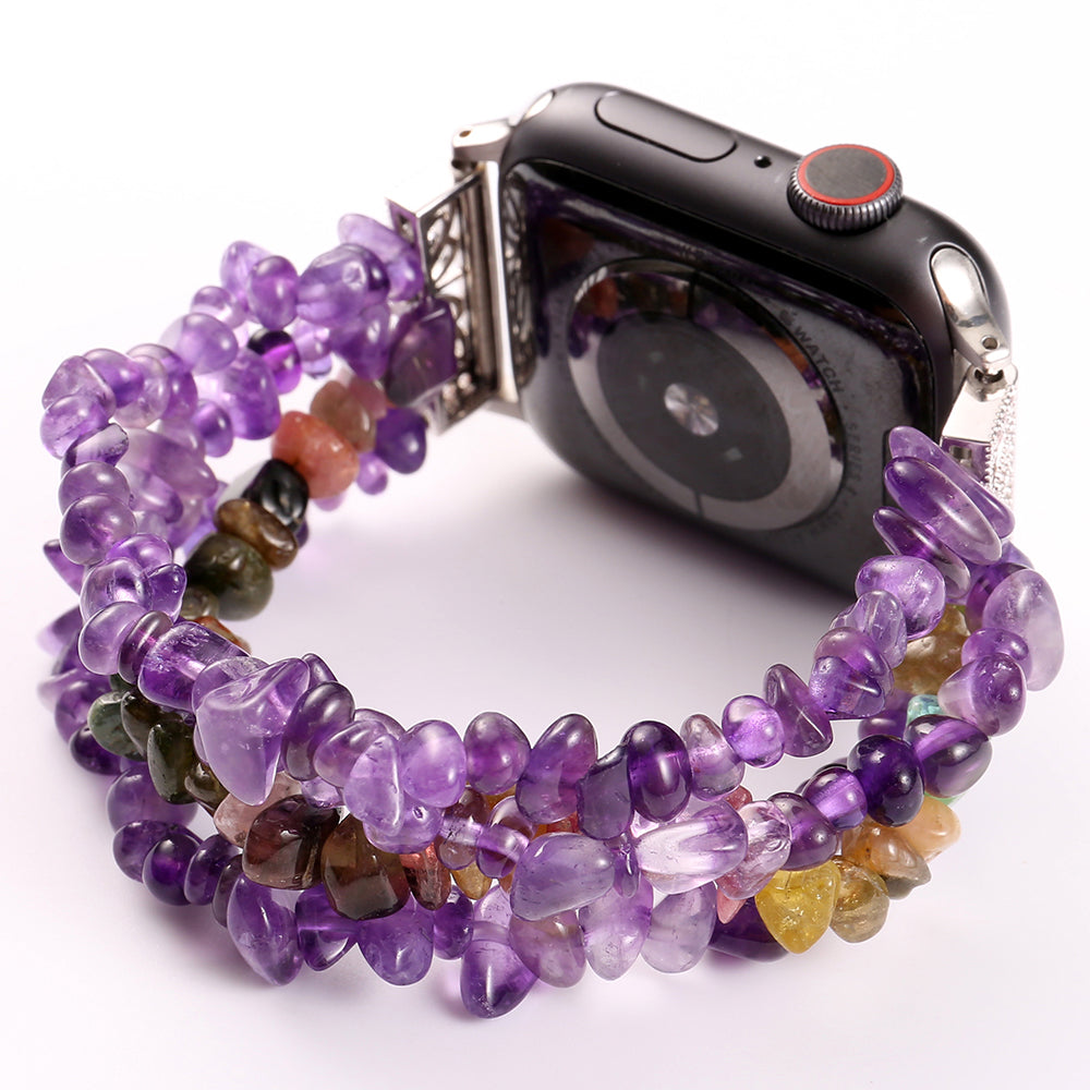 Four Rows Natural Stones Smart Watch Strap Band Replacement for Apple Watch Ultra 49mm / Series 8 45mm / 7 45mm / SE 44mm / SE (2022) 44mm / Series 6 / 5 / 4 44mm / Series 3 / 2 / 1 42mm - Purple