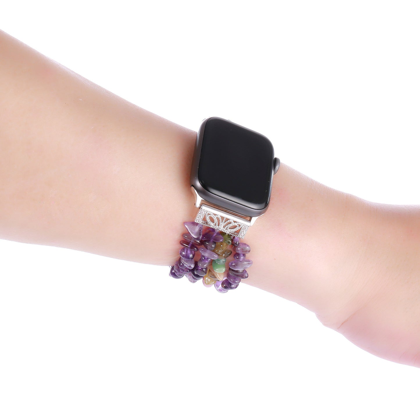 Four Rows Natural Stones Smart Watch Strap Band Replacement for Apple Watch Ultra 49mm / Series 8 45mm / 7 45mm / SE 44mm / SE (2022) 44mm / Series 6 / 5 / 4 44mm / Series 3 / 2 / 1 42mm - Purple