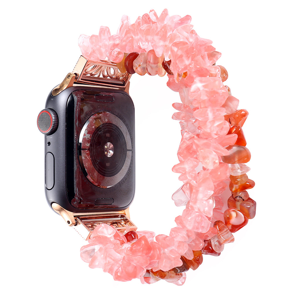 Four Rows Natural Stones Smart Watch Strap Band Replacement for Apple Watch Ultra 49mm / Series 8 45mm / 7 45mm / SE 44mm / SE (2022) 44mm / Series 6 / 5 / 4 44mm / Series 3 / 2 / 1 42mm - Watermelon Red
