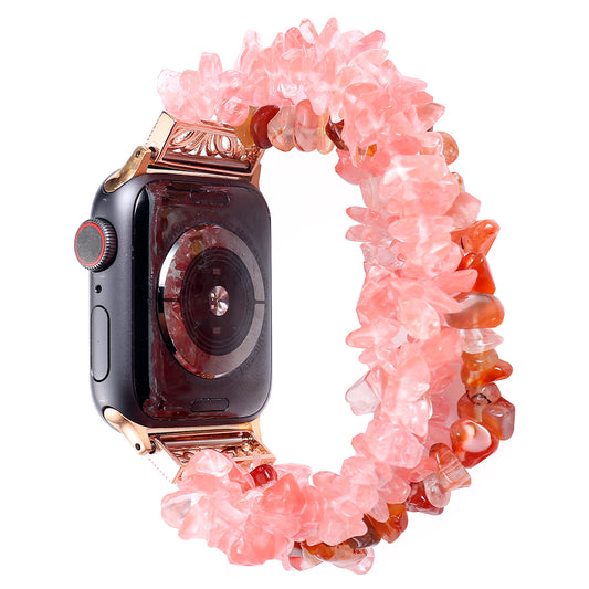Four Rows Natural Stones Smart Watch Strap Band Replacement for Apple Watch Ultra 49mm / Series 8 45mm / 7 45mm / SE 44mm / SE (2022) 44mm / Series 6 / 5 / 4 44mm / Series 3 / 2 / 1 42mm - Watermelon Red