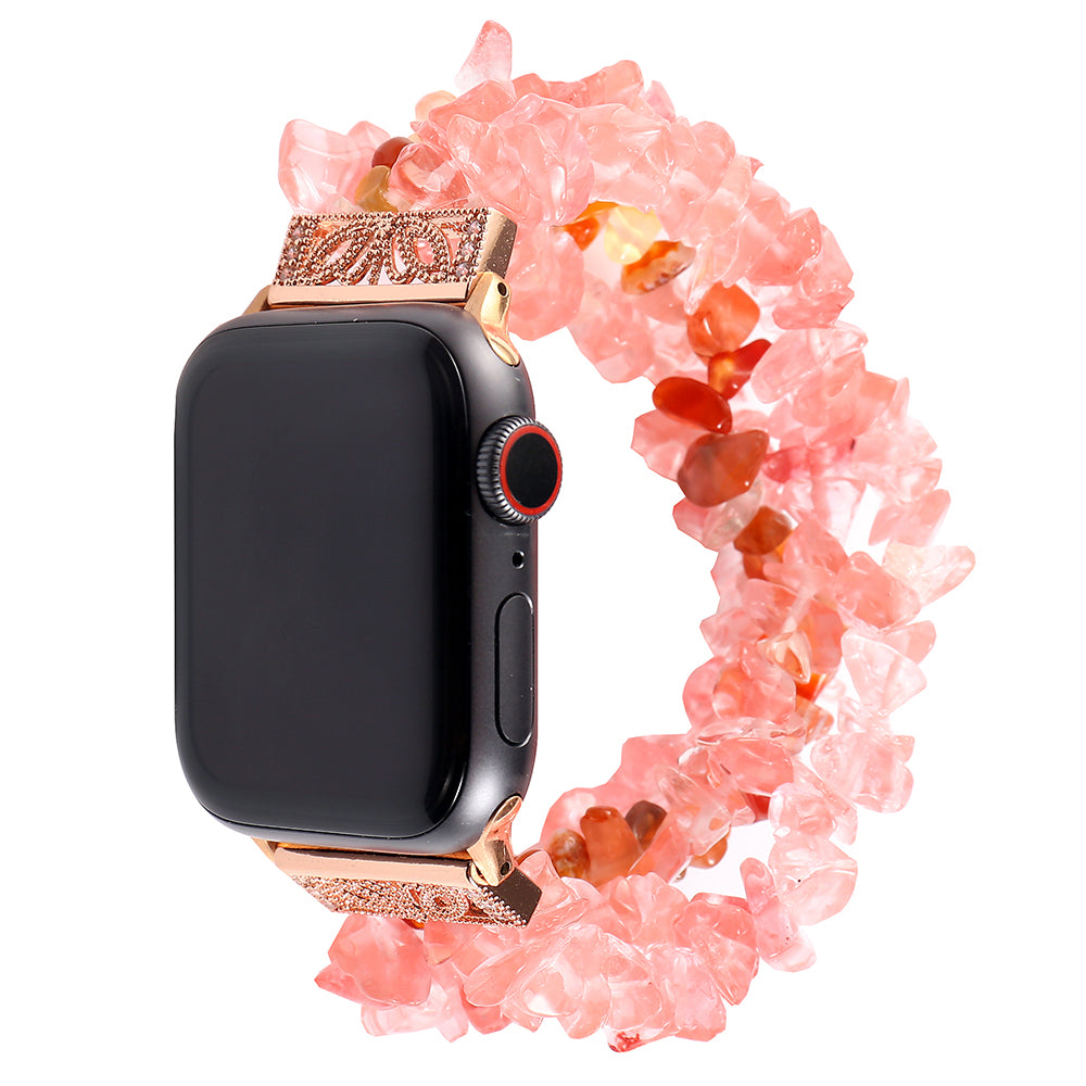 Four Rows Natural Stones Smart Watch Strap Band Replacement for Apple Watch Ultra 49mm / Series 8 45mm / 7 45mm / SE 44mm / SE (2022) 44mm / Series 6 / 5 / 4 44mm / Series 3 / 2 / 1 42mm - Watermelon Red