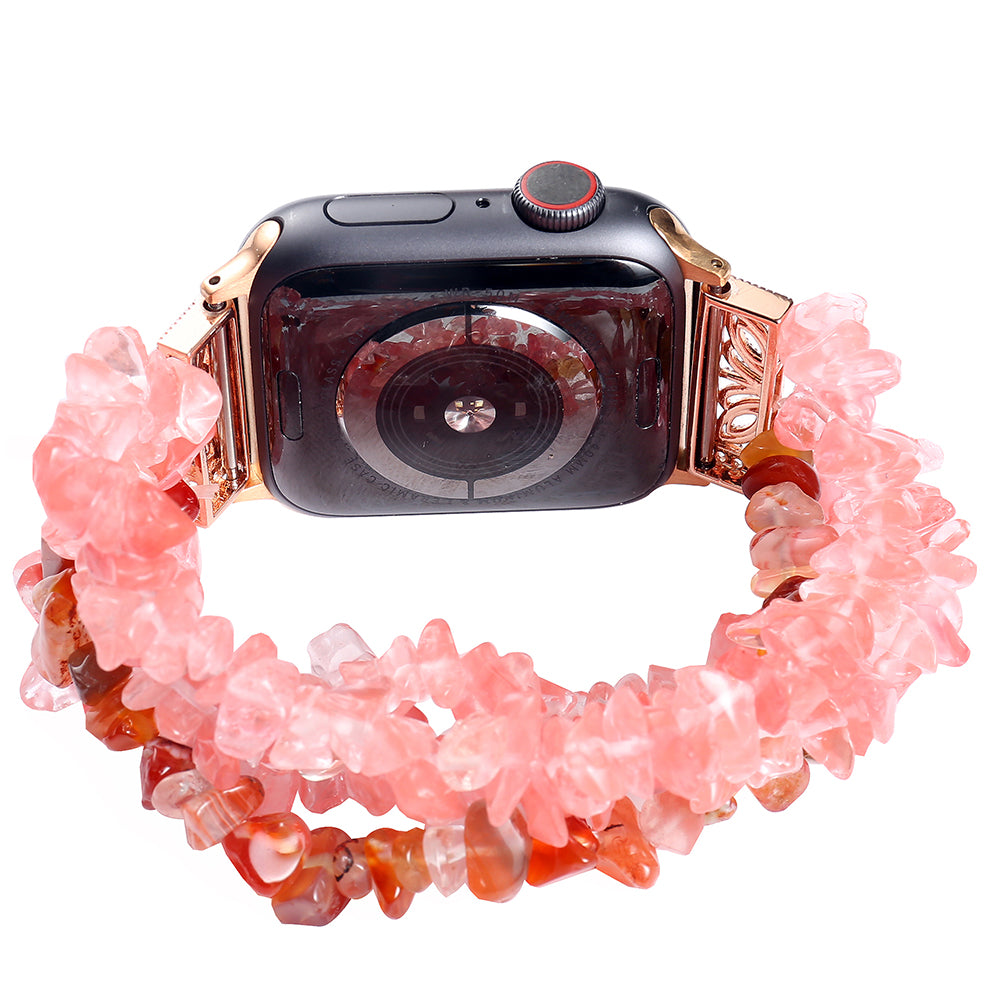 Four Rows Natural Stones Smart Watch Strap Band Replacement for Apple Watch Ultra 49mm / Series 8 45mm / 7 45mm / SE 44mm / SE (2022) 44mm / Series 6 / 5 / 4 44mm / Series 3 / 2 / 1 42mm - Watermelon Red