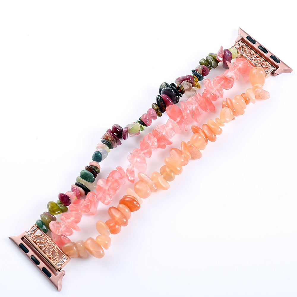 Four Rows Natural Stones Smart Watch Strap Band Replacement for Apple Watch Ultra 49mm / Series 8 45mm / 7 45mm / SE 44mm / SE (2022) 44mm / Series 6 / 5 / 4 44mm / Series 3 / 2 / 1 42mm - Pink / Multicolor