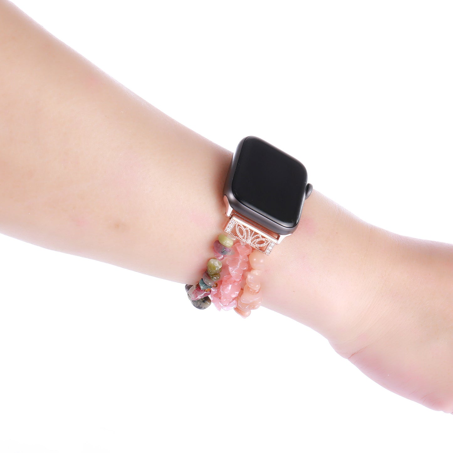 Four Rows Natural Stones Smart Watch Strap Band Replacement for Apple Watch Ultra 49mm / Series 8 45mm / 7 45mm / SE 44mm / SE (2022) 44mm / Series 6 / 5 / 4 44mm / Series 3 / 2 / 1 42mm - Pink / Multicolor