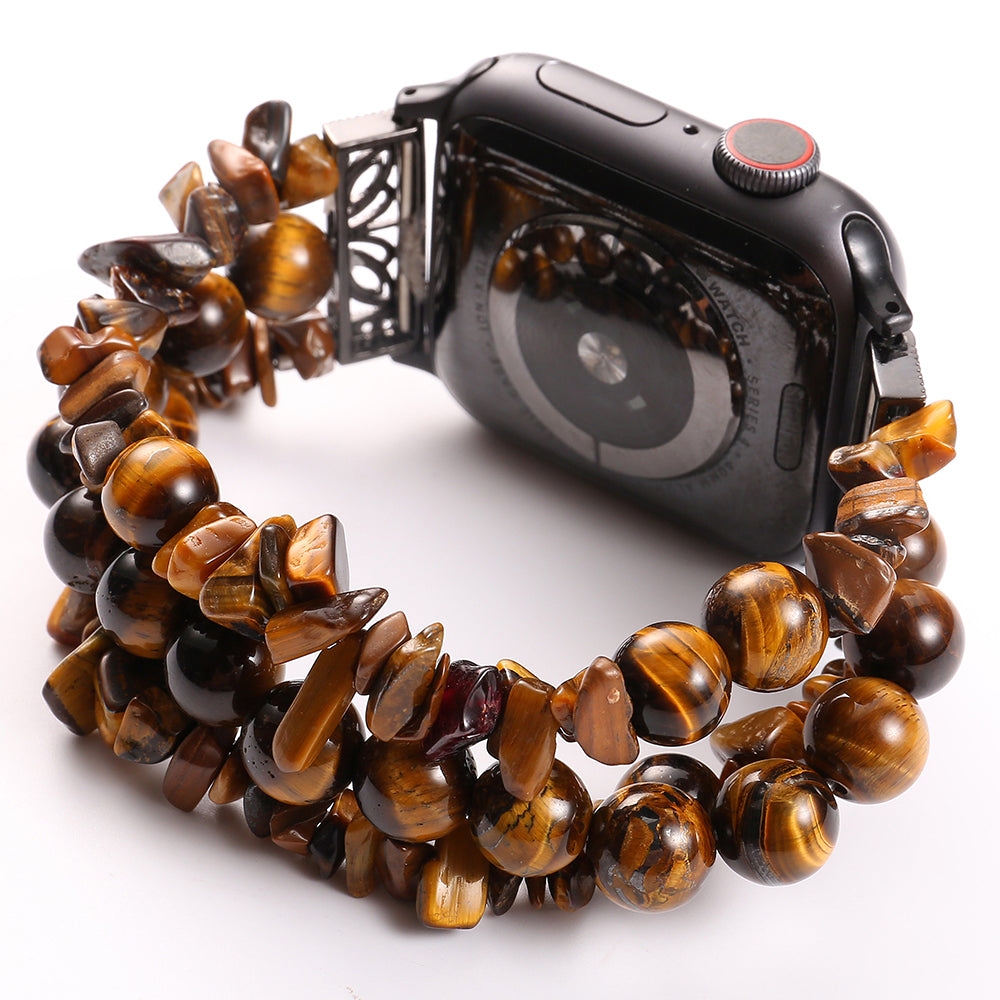 Four Rows Natural Stones Smart Watch Strap Band Replacement for Apple Watch Ultra 49mm / Series 8 45mm / 7 45mm / SE 44mm / SE (2022) 44mm / Series 6 / 5 / 4 44mm / Series 3 / 2 / 1 42mm - Brown