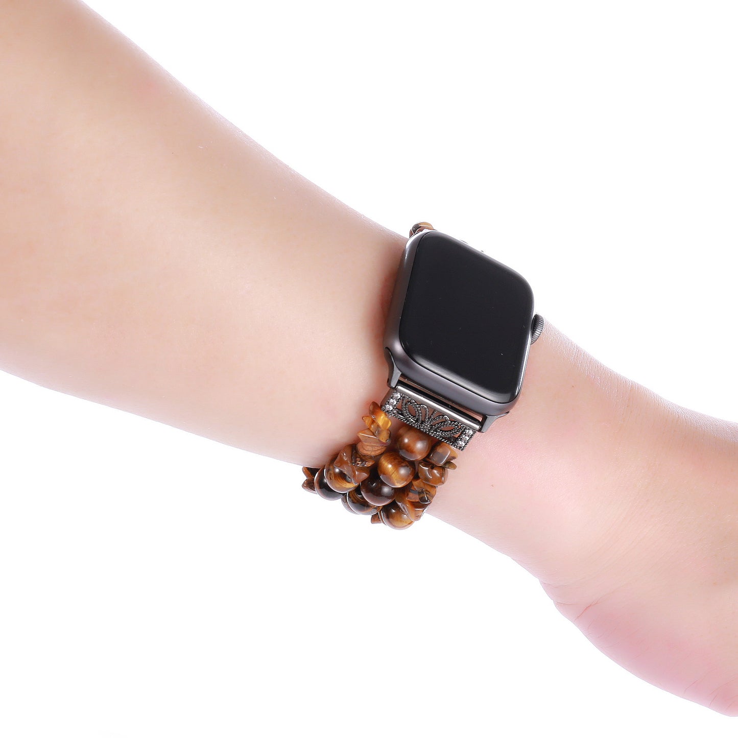 Four Rows Natural Stones Smart Watch Strap Band Replacement for Apple Watch Ultra 49mm / Series 8 45mm / 7 45mm / SE 44mm / SE (2022) 44mm / Series 6 / 5 / 4 44mm / Series 3 / 2 / 1 42mm - Brown