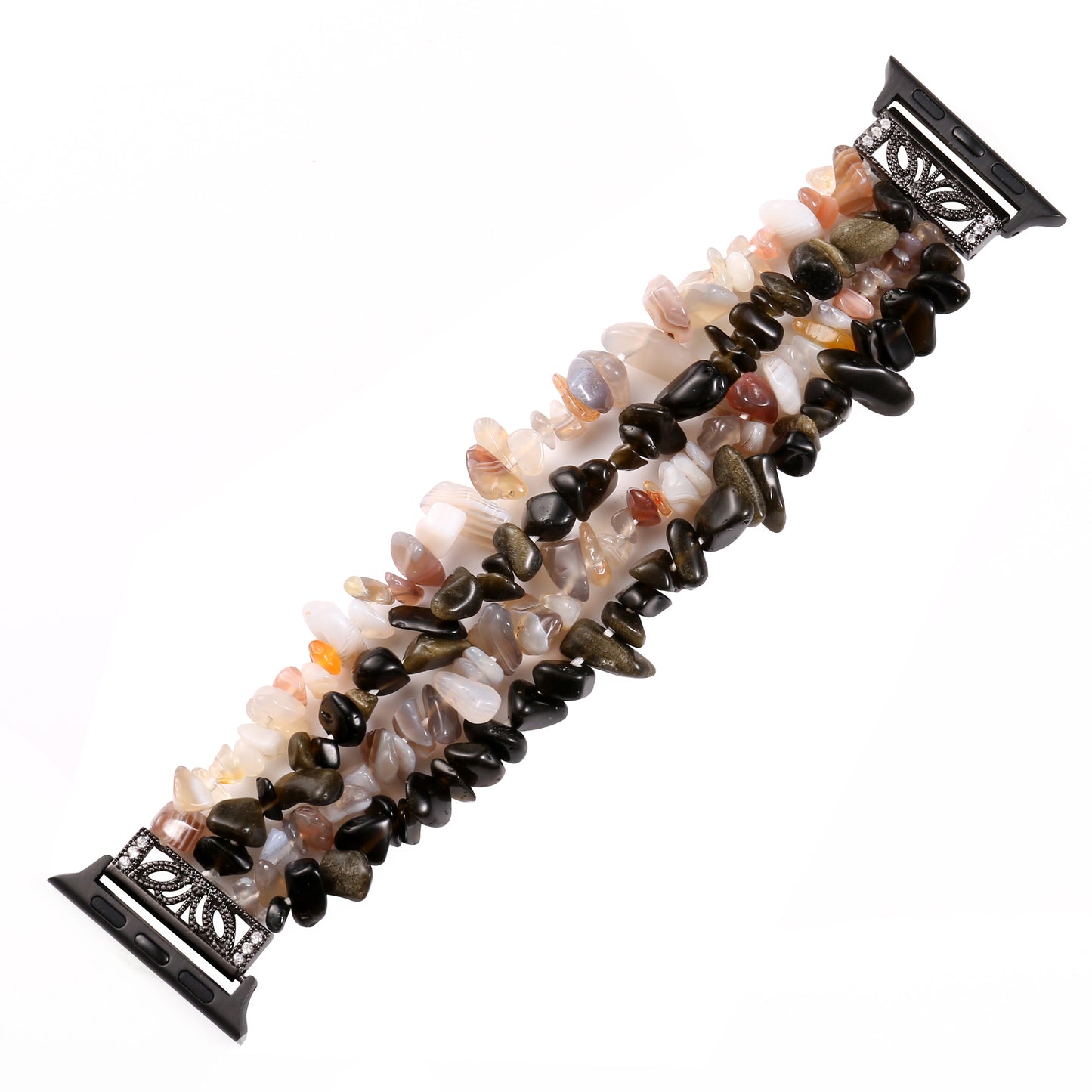 Four Rows Natural Stones Smart Watch Strap Band Replacement for Apple Watch Ultra 49mm / Series 8 45mm / 7 45mm / SE 44mm / SE (2022) 44mm / Series 6 / 5 / 4 44mm / Series 3 / 2 / 1 42mm - Black / White