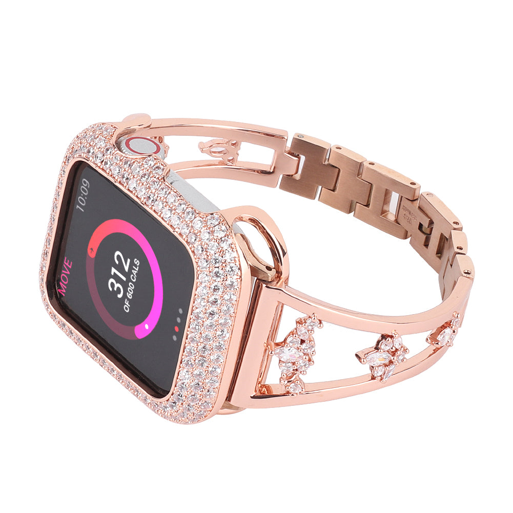 Zircon Decor Stainless Steel Bracelet Watch Strap Replacement Wrist Band for Apple Watch Ultra 49mm / Series 8 45mm / 7 45mm / Series 6 / 5 / 4 / SE 44mm / SE (2022) 44mm Series 3 / 2 / 1 42mm - Rose Gold
