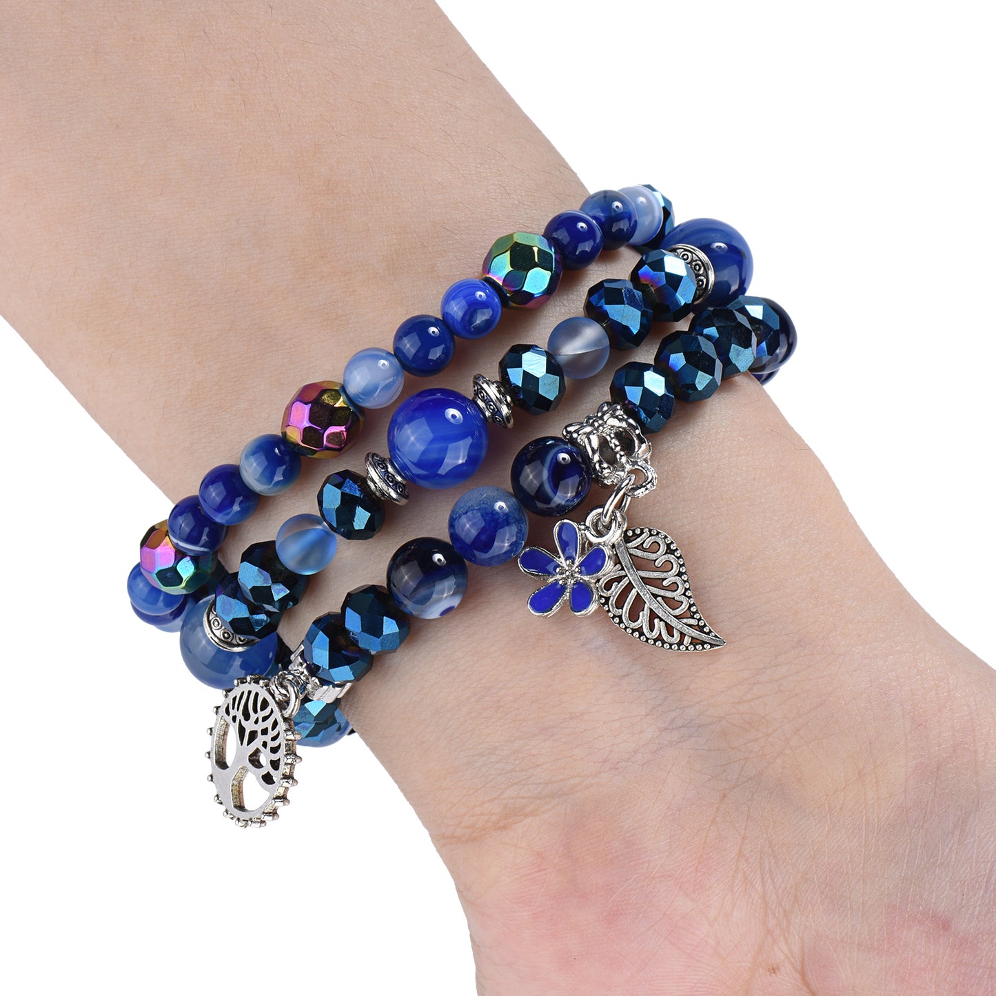 Blue Crystal Beaded Bracelet Watch Strap with Life Tree and Leaf Pendant for Apple Watch Series 8 41mm / Series 7 41mm / 4 / 5 / 6 / SE / SE(2022) 40mm / 1 / 2 / 3 38mm