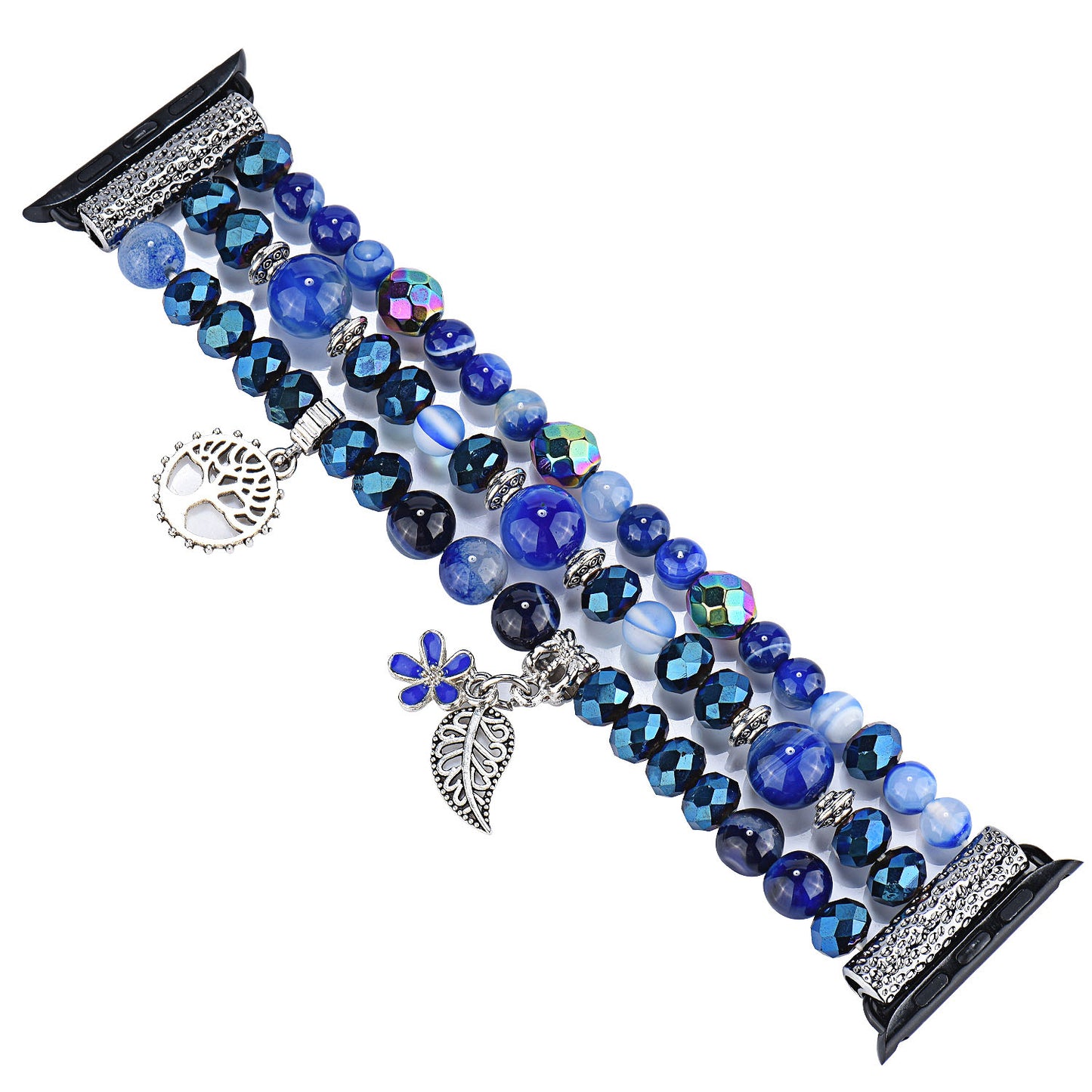 Fashion iWatch Blue Crystal Beaded Bracelet Watchband Strap with Life Tree and Leaf Pendant for Apple Watch Ultra 49mm / Series 8 45mm / 7 45mm / 4 / 5 / 6 / SE 44mm / 1 / 2 / 3 42mm