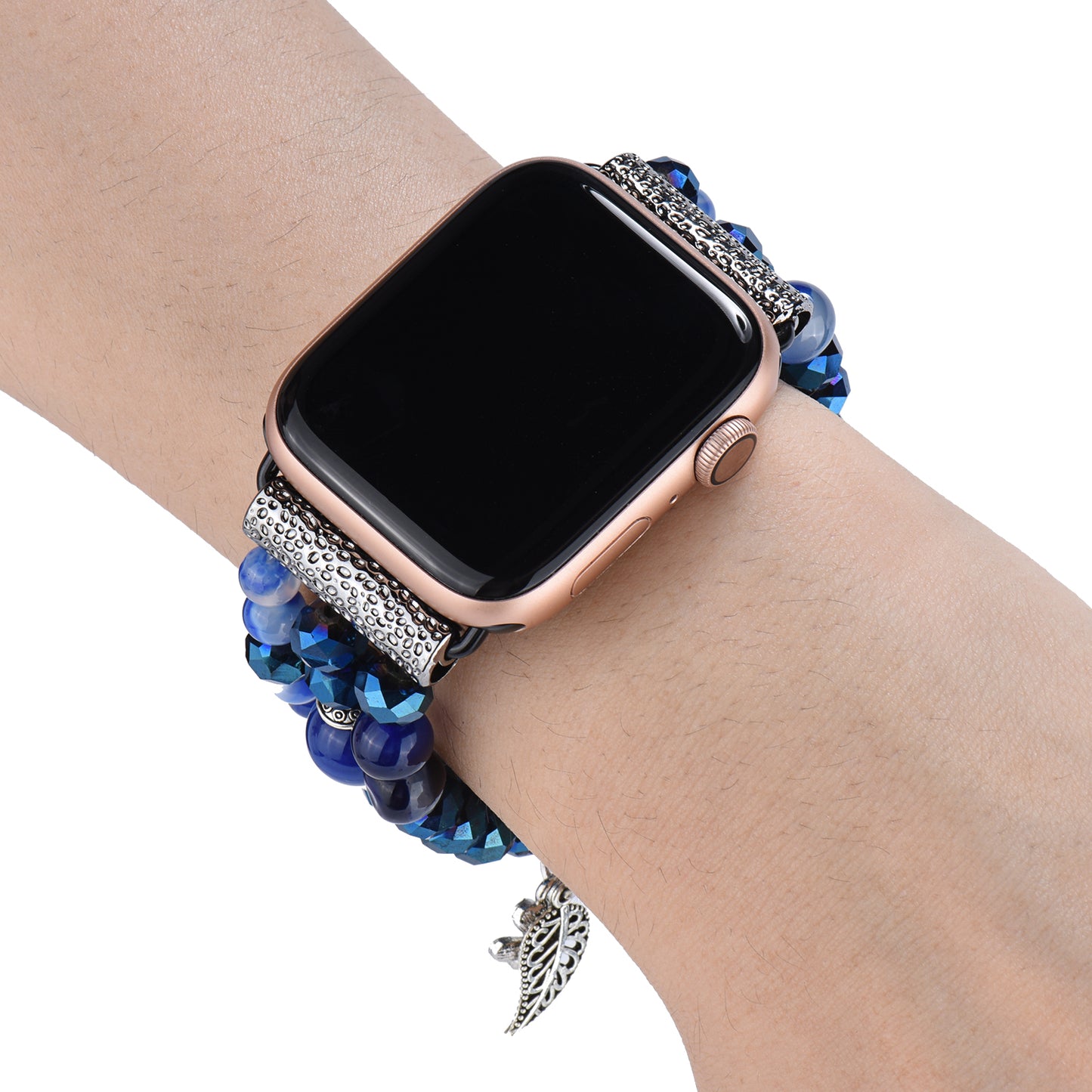 Fashion iWatch Blue Crystal Beaded Bracelet Watchband Strap with Life Tree and Leaf Pendant for Apple Watch Ultra 49mm / Series 8 45mm / 7 45mm / 4 / 5 / 6 / SE 44mm / 1 / 2 / 3 42mm