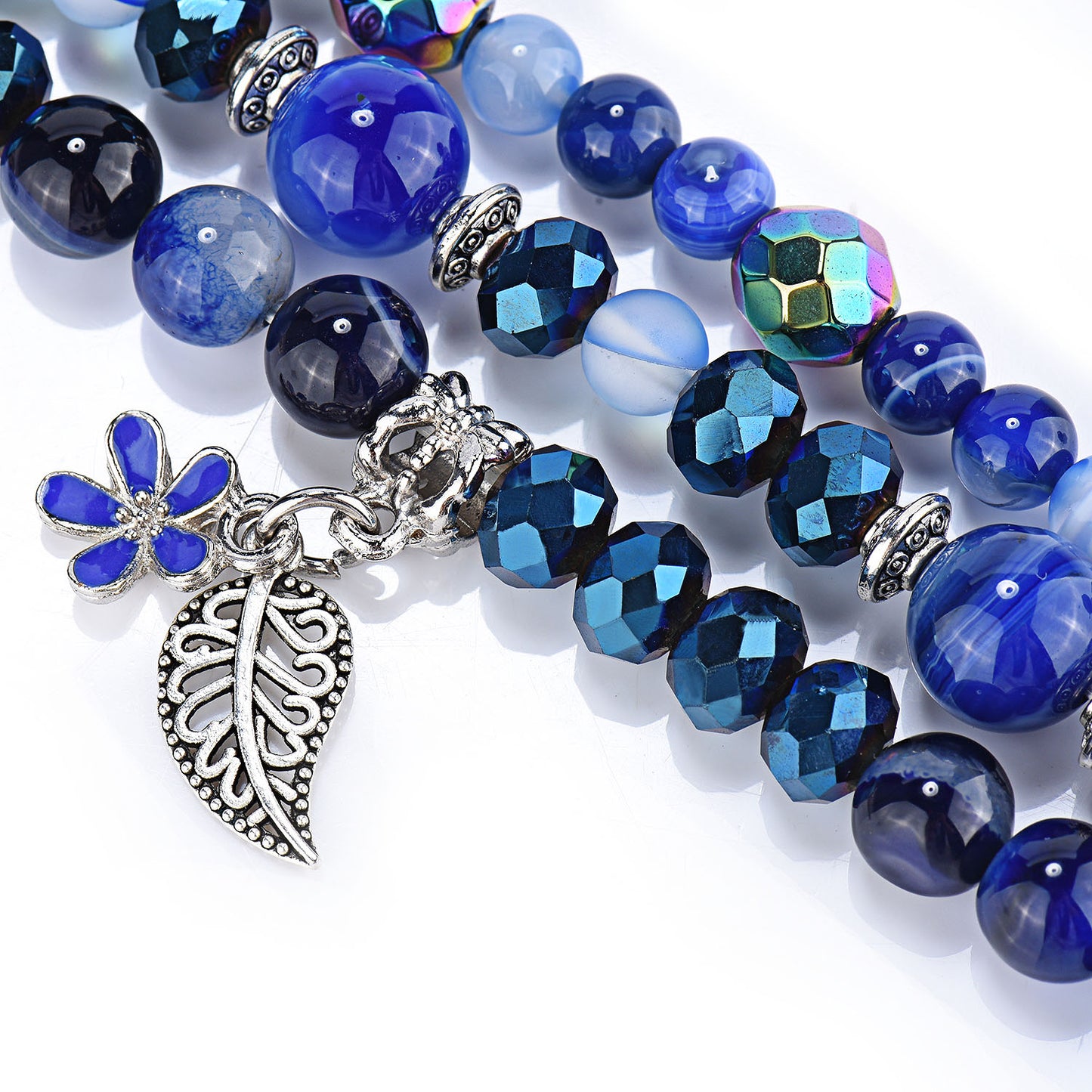 Fashion iWatch Blue Crystal Beaded Bracelet Watchband Strap with Life Tree and Leaf Pendant for Apple Watch Ultra 49mm / Series 8 45mm / 7 45mm / 4 / 5 / 6 / SE 44mm / 1 / 2 / 3 42mm