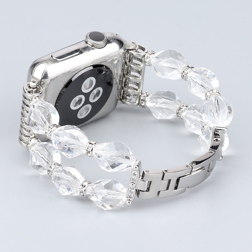 Rhombus Shaped Crystal Metal Wrist Strap Replacement Smart Watch Band for Apple Watch Ultra 49mm / Series 8 45mm / 7 45mm / 4 / 5 / 6 / SE 44mm / SE (2022) 44mm / Series 1 / 2 / 3 42mm - Transparent