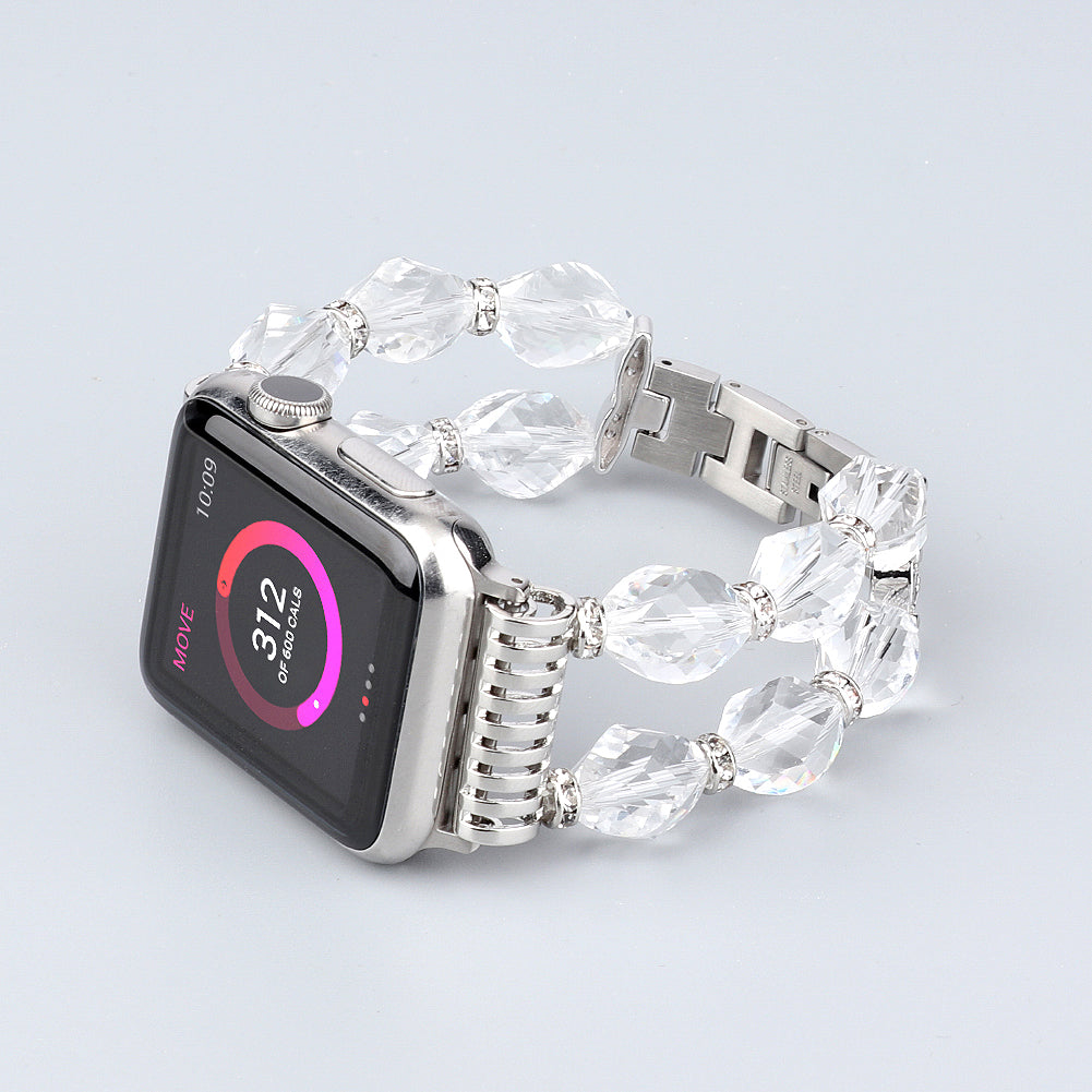 Rhombus Shaped Crystal Metal Wrist Strap Replacement Smart Watch Band for Apple Watch Ultra 49mm / Series 8 45mm / 7 45mm / 4 / 5 / 6 / SE 44mm / SE (2022) 44mm / Series 1 / 2 / 3 42mm - Transparent