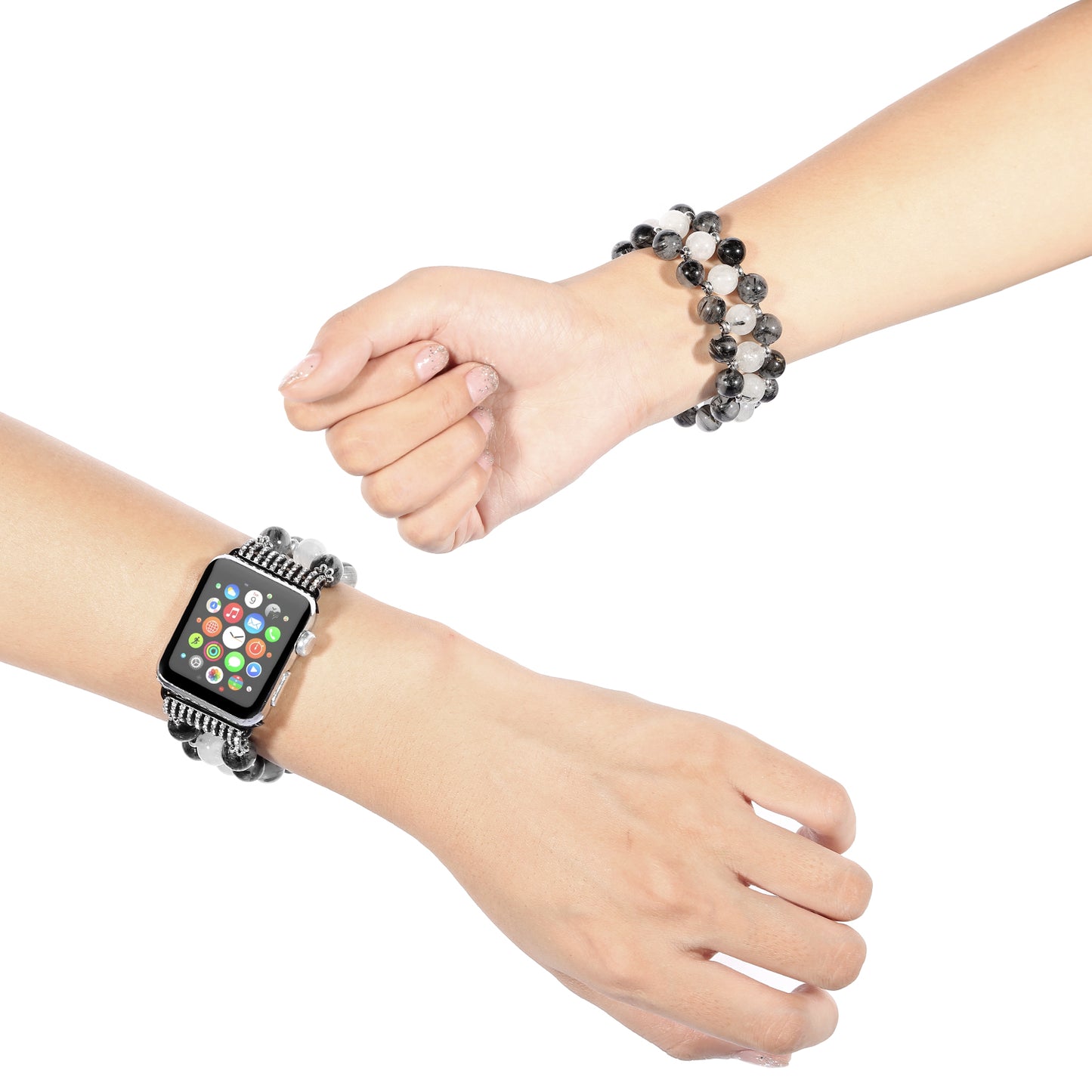 Stylish Three Rows Agate Beads + Metal Bracelet Wrist Strap Smart Watch Band for Apple Watch Ultra 49mm / Series 8 45mm / 7 45mm / Series 6 / 5 / 4 / SE 44mm / SE (2022) 44mm Series 3 / 2 / 1 42mm - Black