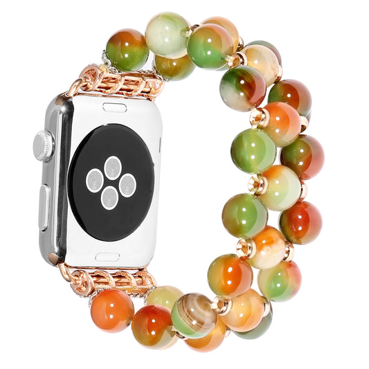 Stylish Three Rows Agate Beads + Metal Bracelet Wrist Strap Smart Watch Band for Apple Watch Ultra 49mm / Series 8 45mm / 7 45mm / Series 6 / 5 / 4 / SE 44mm / SE (2022) 44mm Series 3 / 2 / 1 42mm - Brown