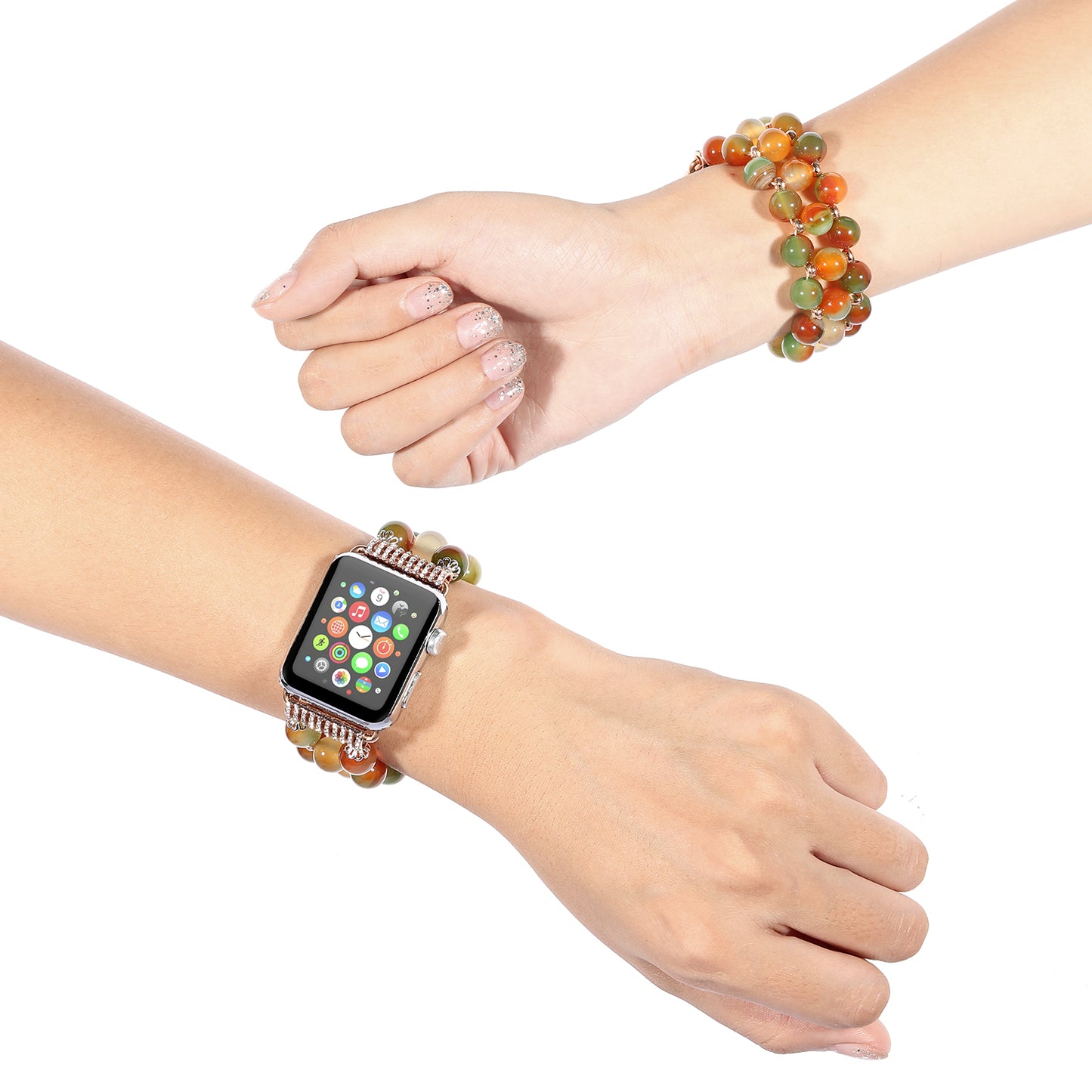 Stylish Three Rows Agate Beads + Metal Bracelet Wrist Strap Smart Watch Band for Apple Watch Ultra 49mm / Series 8 45mm / 7 45mm / Series 6 / 5 / 4 / SE 44mm / SE (2022) 44mm Series 3 / 2 / 1 42mm - Brown