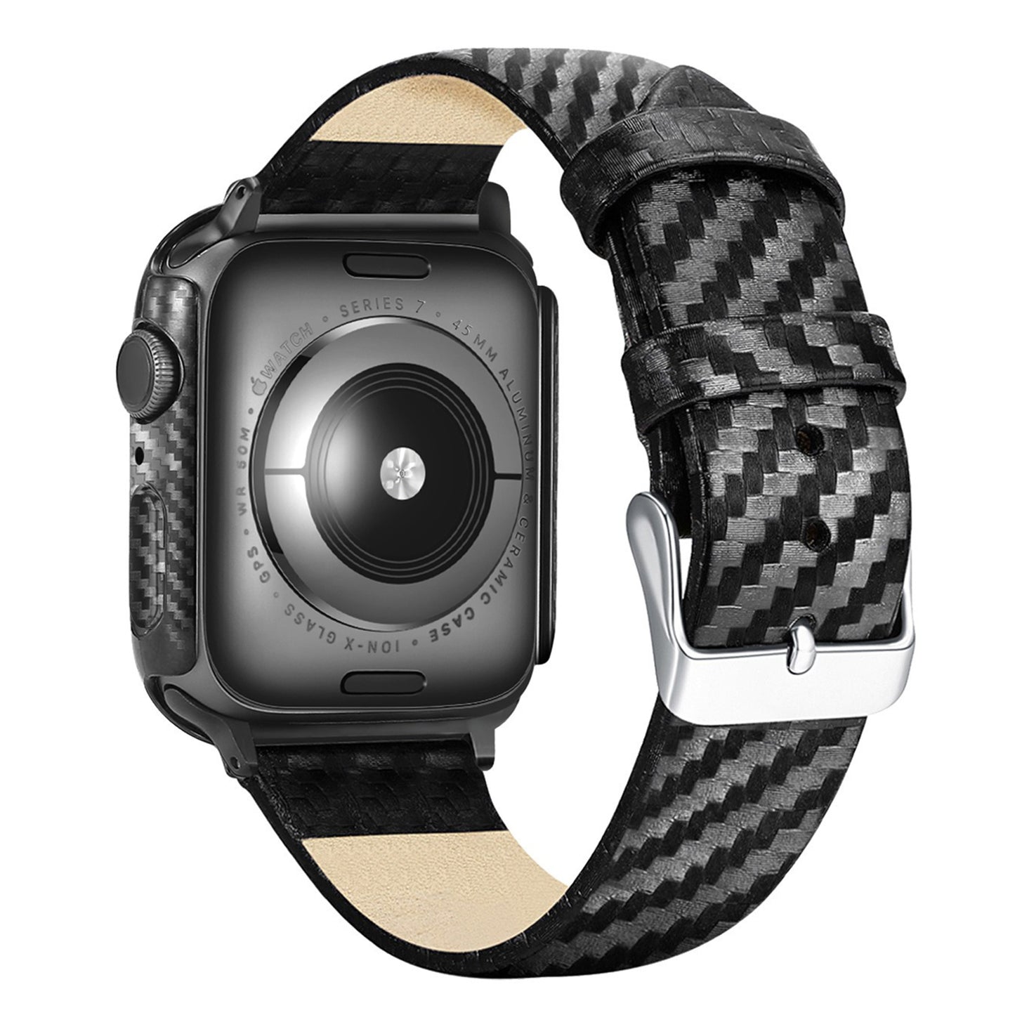 Carbon Fiber Smart Watch PC Protective Case Genuine Leather Wrist Band Replacement for Apple Watch Series 1/2/3 38mm