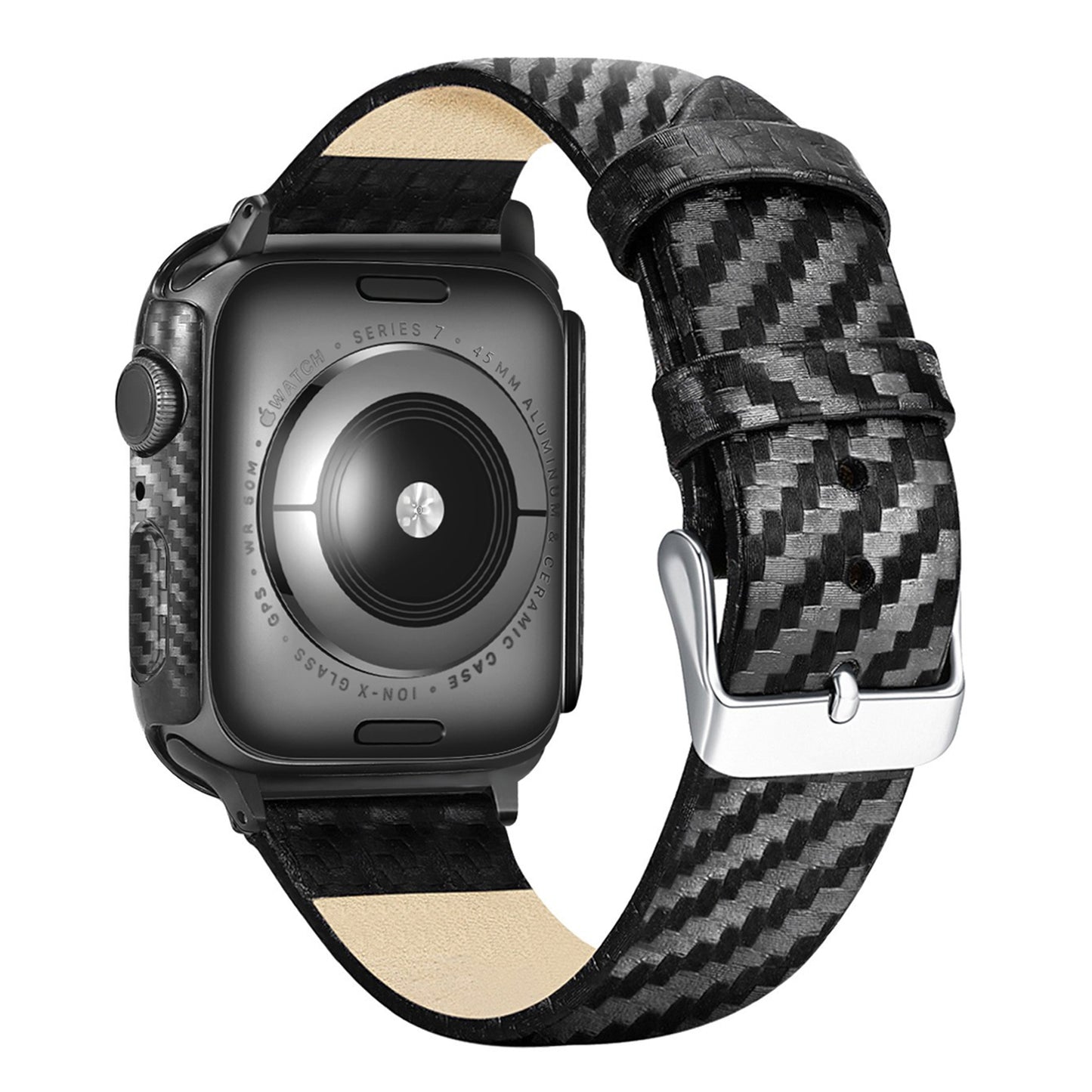 Replacement Carbon Fiber Texture Watch Case Genuine Leather Wrist Band for Apple Watch Series 7 41mm