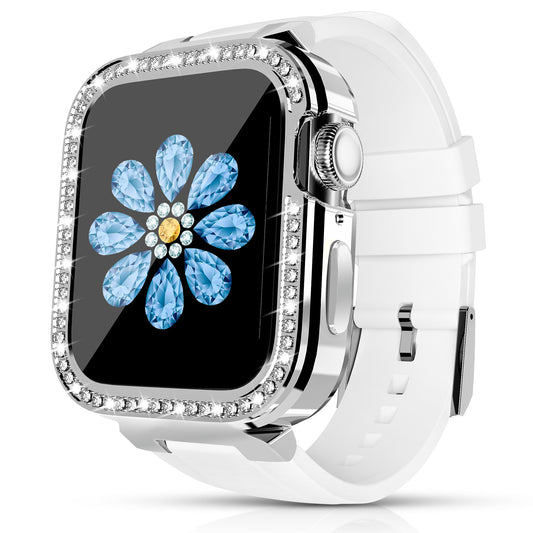 Uniqkart for Apple Watch Series 5/6 40mm/Series 7 41mm Zinc Alloy + TPU Rhinestone Watch Case + TPU Watch Bands - White