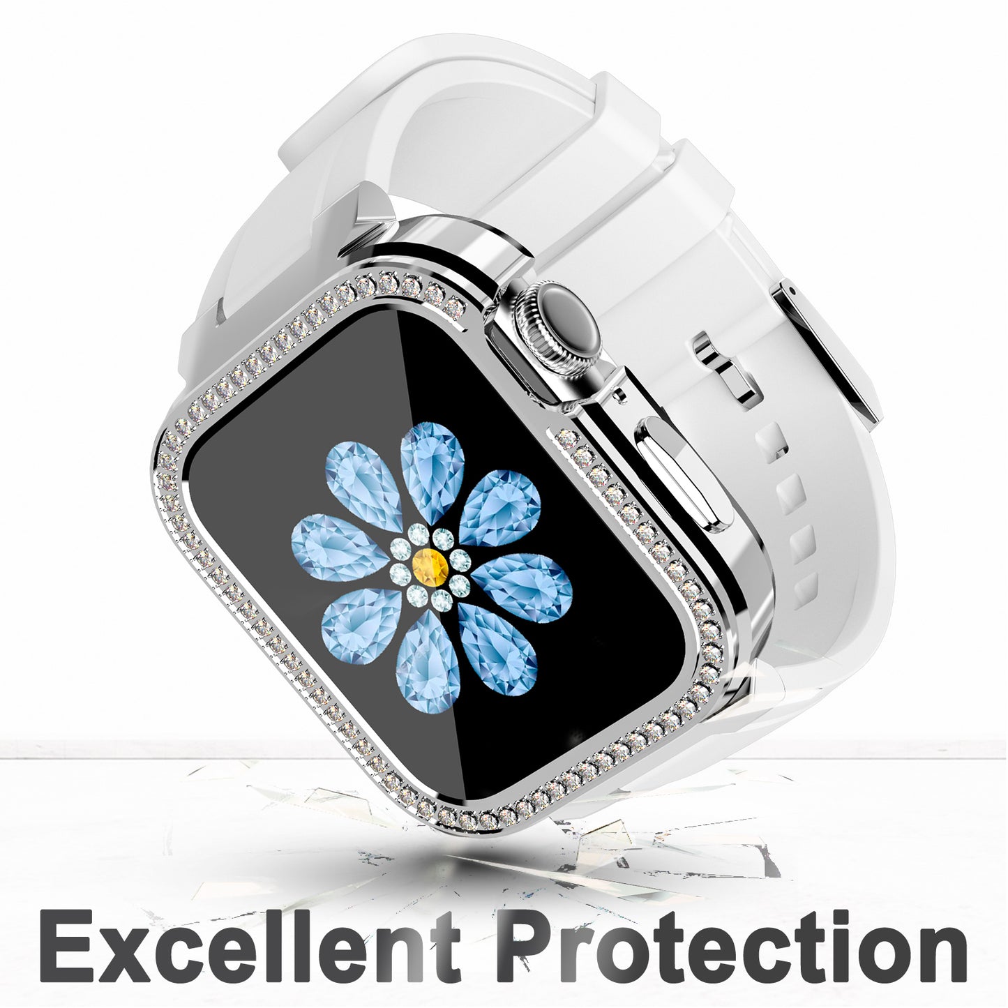 Uniqkart for Apple Watch Series 5/6 40mm/Series 7 41mm Zinc Alloy + TPU Rhinestone Watch Case + TPU Watch Bands - White