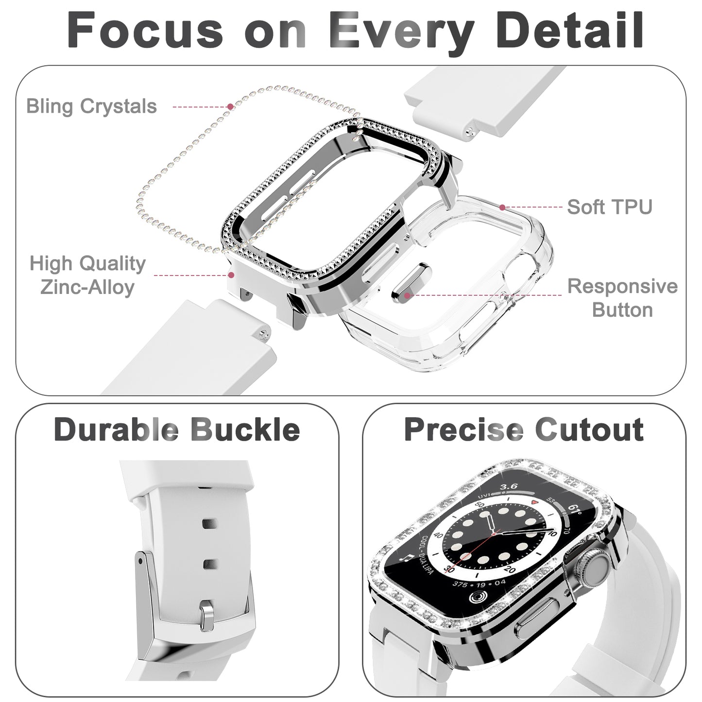 Uniqkart for Apple Watch Series 5/6 40mm/Series 7 41mm Zinc Alloy + TPU Rhinestone Watch Case + TPU Watch Bands - White