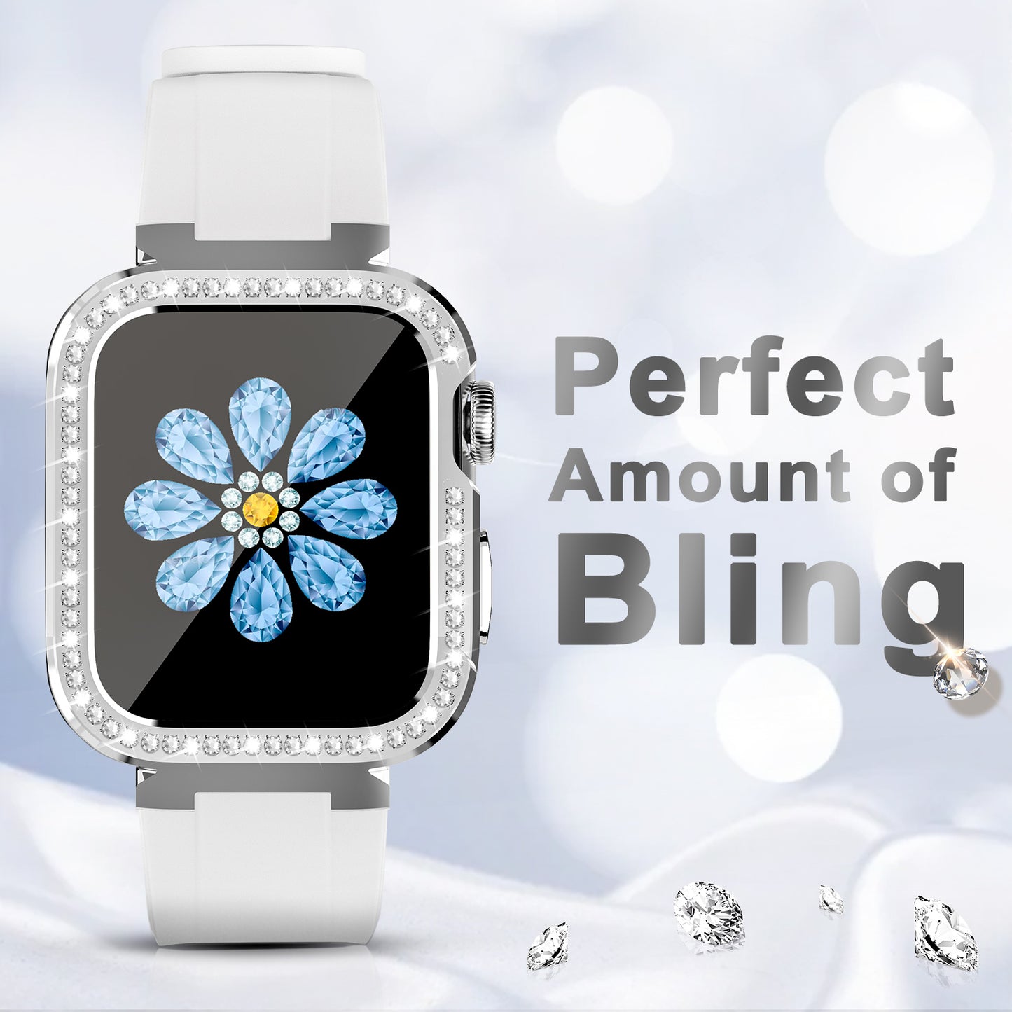 Uniqkart for Apple Watch Series 5/6 40mm/Series 7 41mm Zinc Alloy + TPU Rhinestone Watch Case + TPU Watch Bands - White
