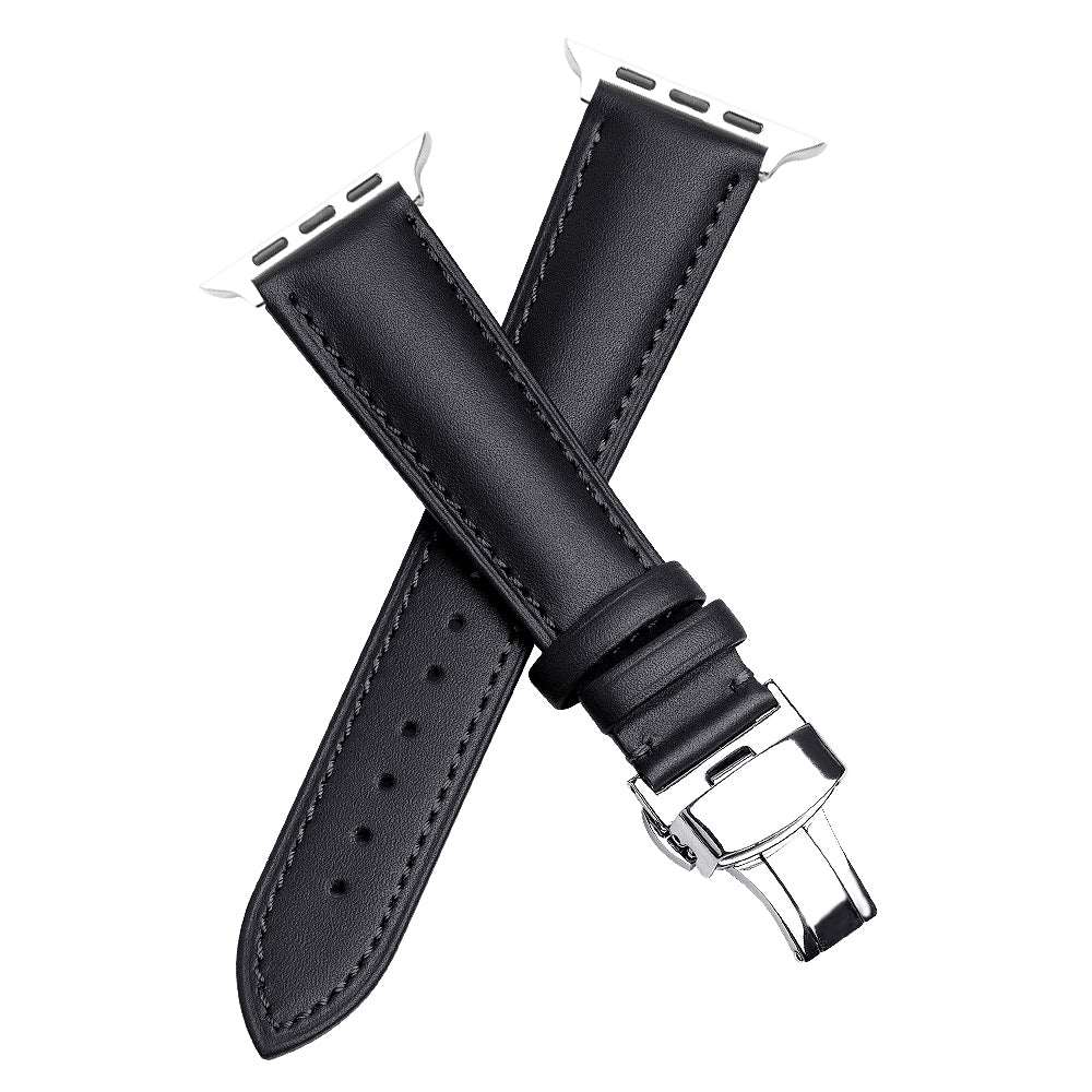 QIALINO for Apple Watch Ultra 49mm / Series 8 45mm / 7 45mm / Series 6 / 5 / 4 / SE 44mm / SE (2022) 44mm / Series 3 / 2 / 1 42mm Solid Color Genuine Leather Wristband Smart Watch Replacement Strap - Black