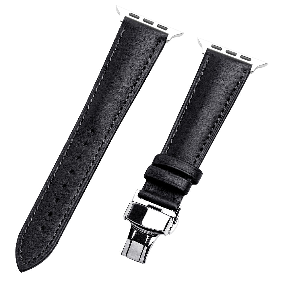 QIALINO for Apple Watch Ultra 49mm / Series 8 45mm / 7 45mm / Series 6 / 5 / 4 / SE 44mm / SE (2022) 44mm / Series 3 / 2 / 1 42mm Solid Color Genuine Leather Wristband Smart Watch Replacement Strap - Black