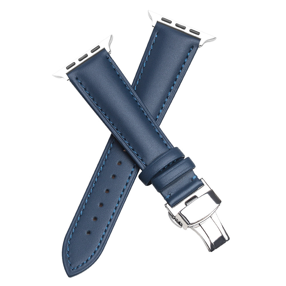 QIALINO for Apple Watch Ultra 49mm / Series 8 45mm / 7 45mm / Series 6 / 5 / 4 / SE 44mm / SE (2022) 44mm / Series 3 / 2 / 1 42mm Solid Color Genuine Leather Wristband Smart Watch Replacement Strap - Blue