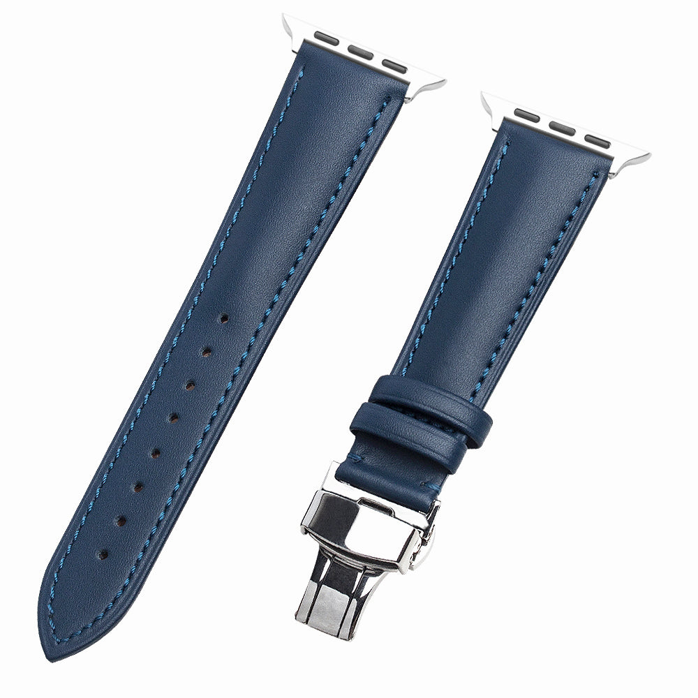 QIALINO for Apple Watch Ultra 49mm / Series 8 45mm / 7 45mm / Series 6 / 5 / 4 / SE 44mm / SE (2022) 44mm / Series 3 / 2 / 1 42mm Solid Color Genuine Leather Wristband Smart Watch Replacement Strap - Blue