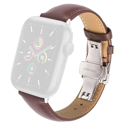 QIALINO for Apple Watch Ultra 49mm / Series 8 45mm / 7 45mm / Series 6 / 5 / 4 / SE 44mm / SE (2022) 44mm / Series 3 / 2 / 1 42mm Solid Color Genuine Leather Wristband Smart Watch Replacement Strap - Brown