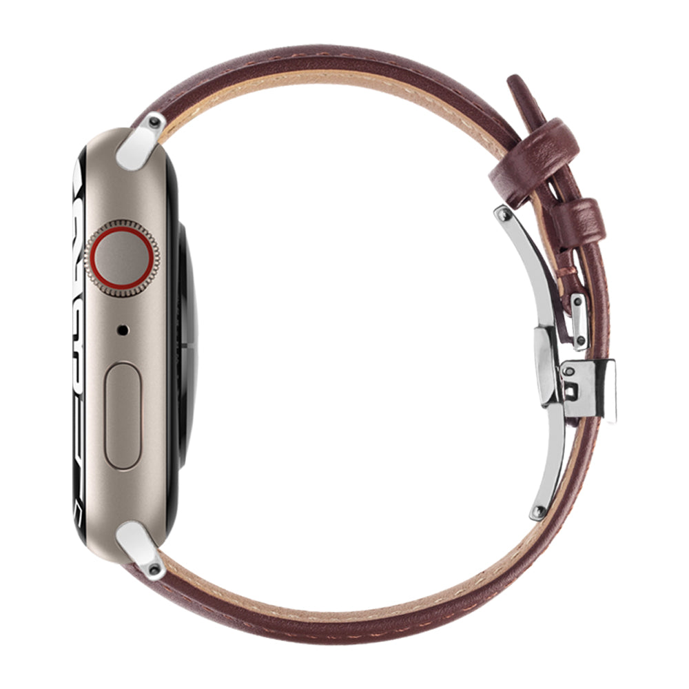 QIALINO for Apple Watch Ultra 49mm / Series 8 45mm / 7 45mm / Series 6 / 5 / 4 / SE 44mm / SE (2022) 44mm / Series 3 / 2 / 1 42mm Solid Color Genuine Leather Wristband Smart Watch Replacement Strap - Brown