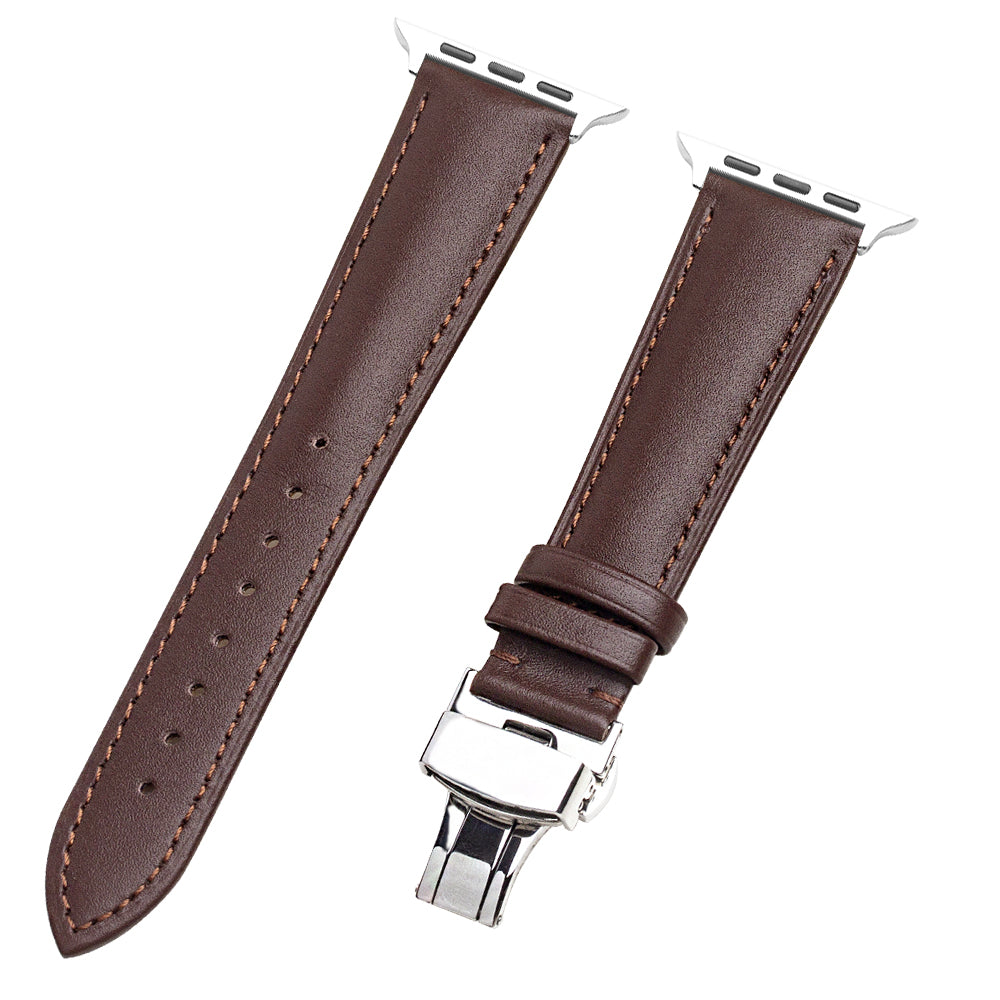 QIALINO for Apple Watch Ultra 49mm / Series 8 45mm / 7 45mm / Series 6 / 5 / 4 / SE 44mm / SE (2022) 44mm / Series 3 / 2 / 1 42mm Solid Color Genuine Leather Wristband Smart Watch Replacement Strap - Brown