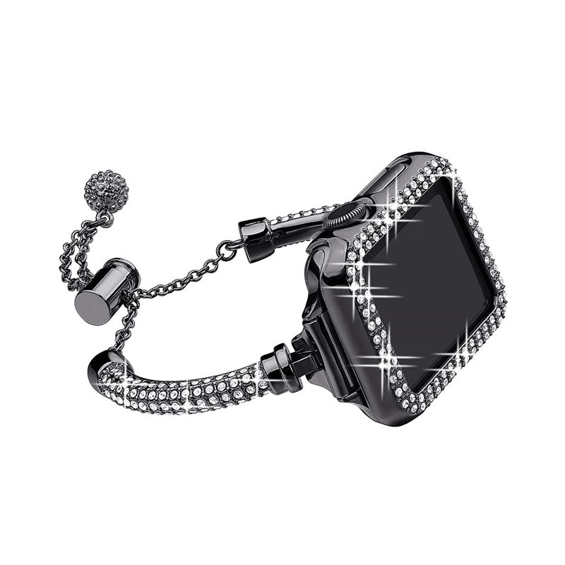 for Apple Watch SE 44mm / SE (2022) 44mm / Series 4 / 5 / 6 44mm Bracelet Metal Rhinestone Decor Durable Smart Watch Band + Hollow Out PC Watch Case - Black