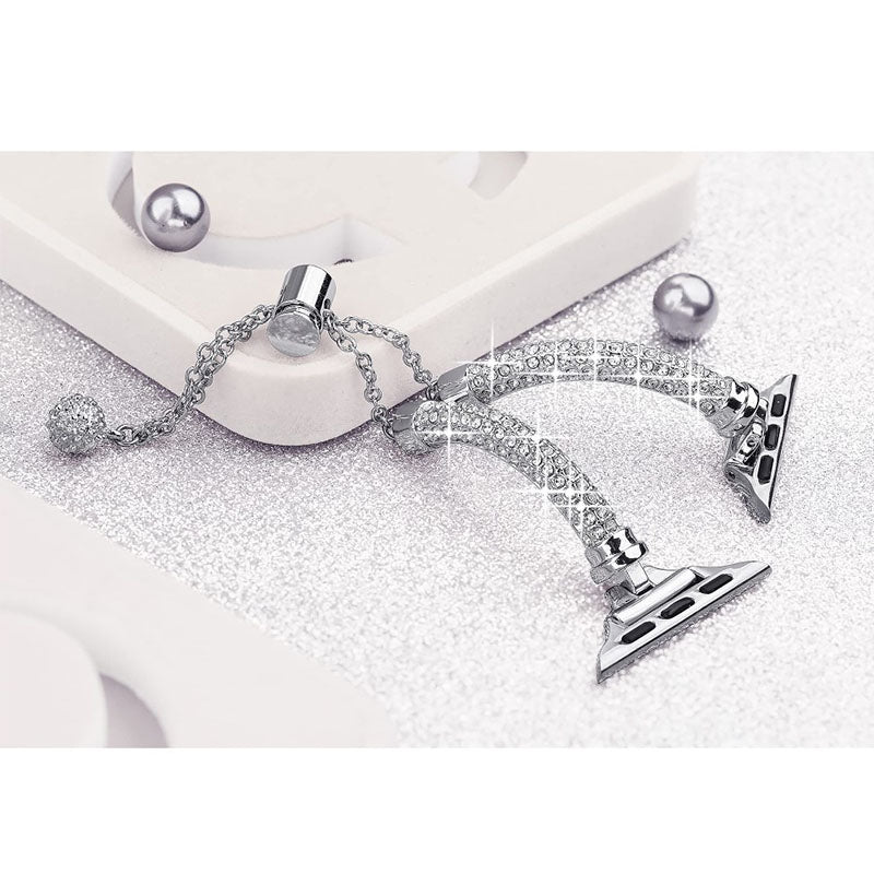 For Apple Watch Series 7 41mm Bracelet Metal Rhinestone Decor Stylish Smart Watch Band + Hollow Out Hard PC Watch Case - Silver