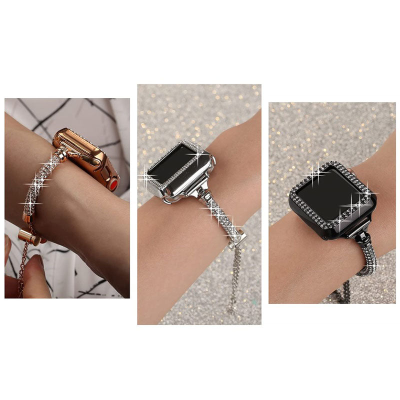 For Apple Watch Series 7 45mm Bracelet Metal Shiny Rhinestone Decor Smart Watch Band + Hollow Out PC Watch Cover Case - Rose Gold