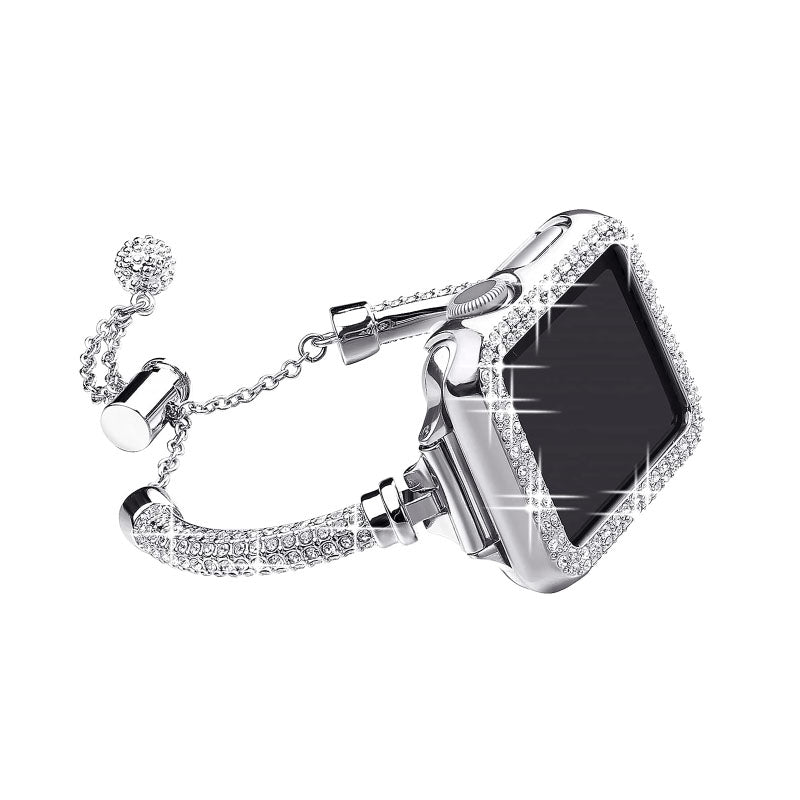 for Apple Watch SE / SE(2022) / Series 4 / 5 / 6 40mm Metal Rhinestone Decor Bracelet Adjustable Watch Band + Hollow Out PC Anti-scratch Watch Case - Silver