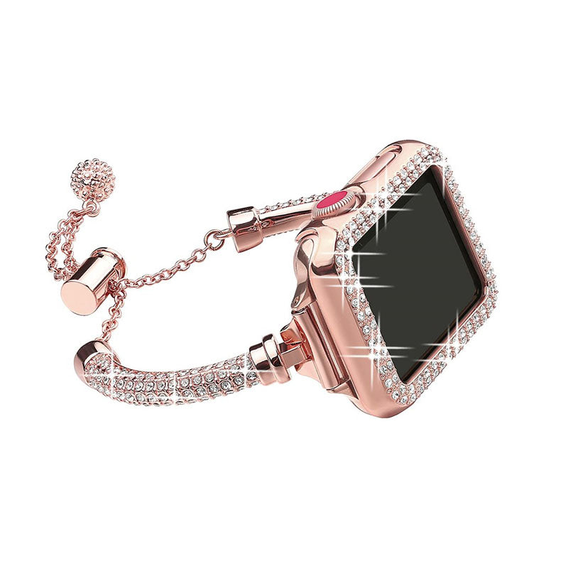 For Apple Watch Series 3/2/1 42mm Rhinestone Decor Metal Adjustable Bracelet Watch Band + Hollow Out PC Anti-drop Watch Case - Rose Gold
