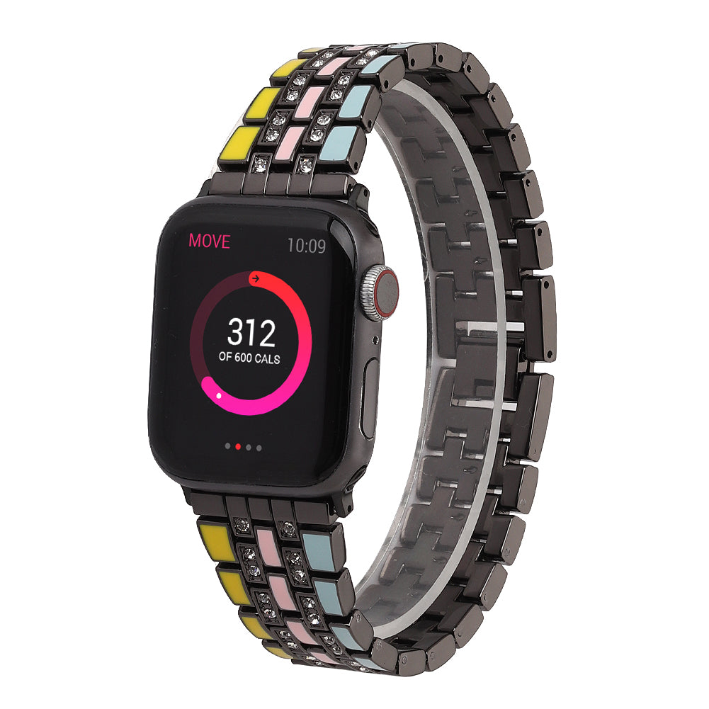 for Apple Watch Ultra 49mm / Series 8 45mm / 7 45mm / Series 6 / 5 / 4 / SSE 44mm / SE (2022) 44mm / Series 3 / 2 / 1 42mm Flag Style Watch Strap Rhinestone Band Replacement - Yellow / Blue / Black