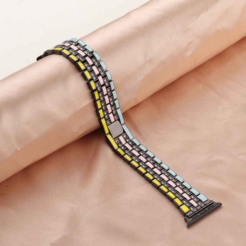 for Apple Watch Ultra 49mm / Series 8 45mm / 7 45mm / Series 6 / 5 / 4 / SSE 44mm / SE (2022) 44mm / Series 3 / 2 / 1 42mm Flag Style Watch Strap Rhinestone Band Replacement - Yellow / Blue / Black