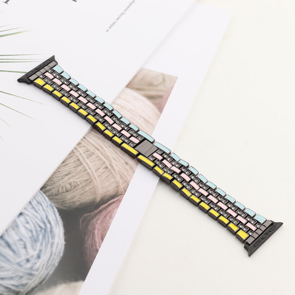 for Apple Watch Ultra 49mm / Series 8 45mm / 7 45mm / Series 6 / 5 / 4 / SSE 44mm / SE (2022) 44mm / Series 3 / 2 / 1 42mm Flag Style Watch Strap Rhinestone Band Replacement - Yellow / Blue / Black