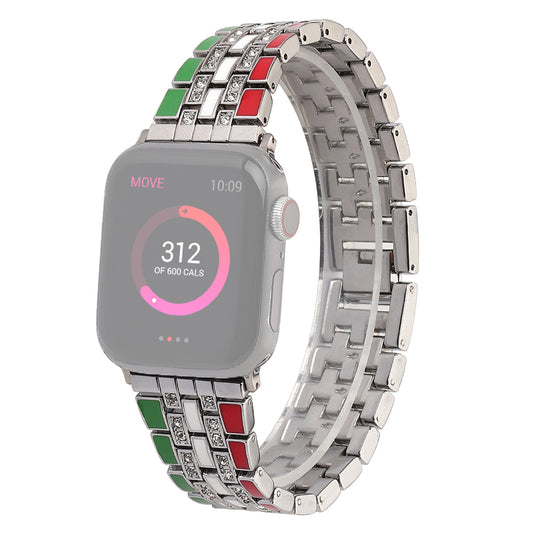 for Apple Watch Ultra 49mm / Series 8 45mm / 7 45mm / Series 6 / 5 / 4 / SSE 44mm / SE (2022) 44mm / Series 3 / 2 / 1 42mm Flag Style Watch Strap Rhinestone Band Replacement - Red / Green / Silver