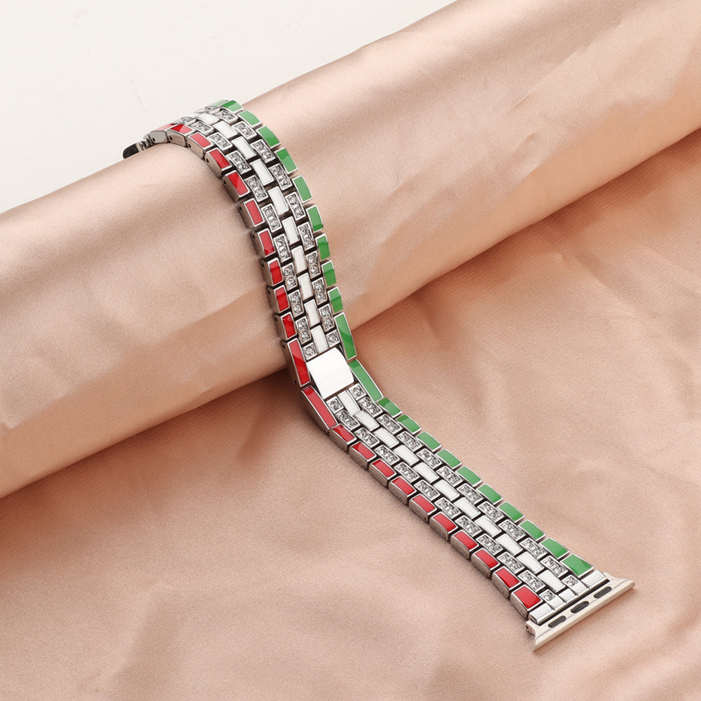 for Apple Watch Ultra 49mm / Series 8 45mm / 7 45mm / Series 6 / 5 / 4 / SSE 44mm / SE (2022) 44mm / Series 3 / 2 / 1 42mm Flag Style Watch Strap Rhinestone Band Replacement - Red / Green / Silver