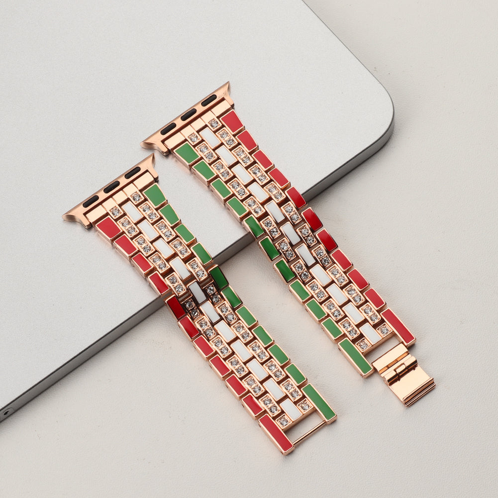 for Apple Watch Ultra 49mm / Series 8 45mm / 7 45mm / Series 6 / 5 / 4 / SSE 44mm / SE (2022) 44mm / Series 3 / 2 / 1 42mm Flag Style Watch Strap Rhinestone Band Replacement - Red / Green / Rose Gold